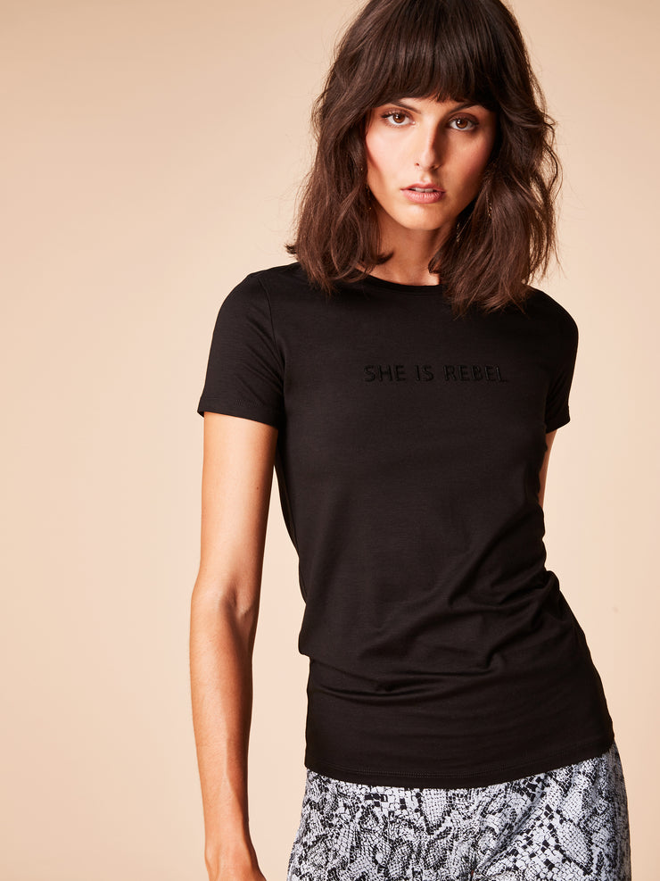 She Is Rebel - She Is Rebel Slim Fit Black Tencel Logo T-shirt & Frida Blue Snake Print Wide Leg Pants - Shop Stylish Sustainable Women's Tops