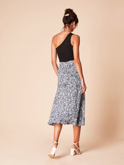 She Is Rebel - Virginia Midi Blue Snake Print Skirt & Wangari Black One Shoulder Organic Cotton Top - Shop Stylish Sustainable Women's Skirts