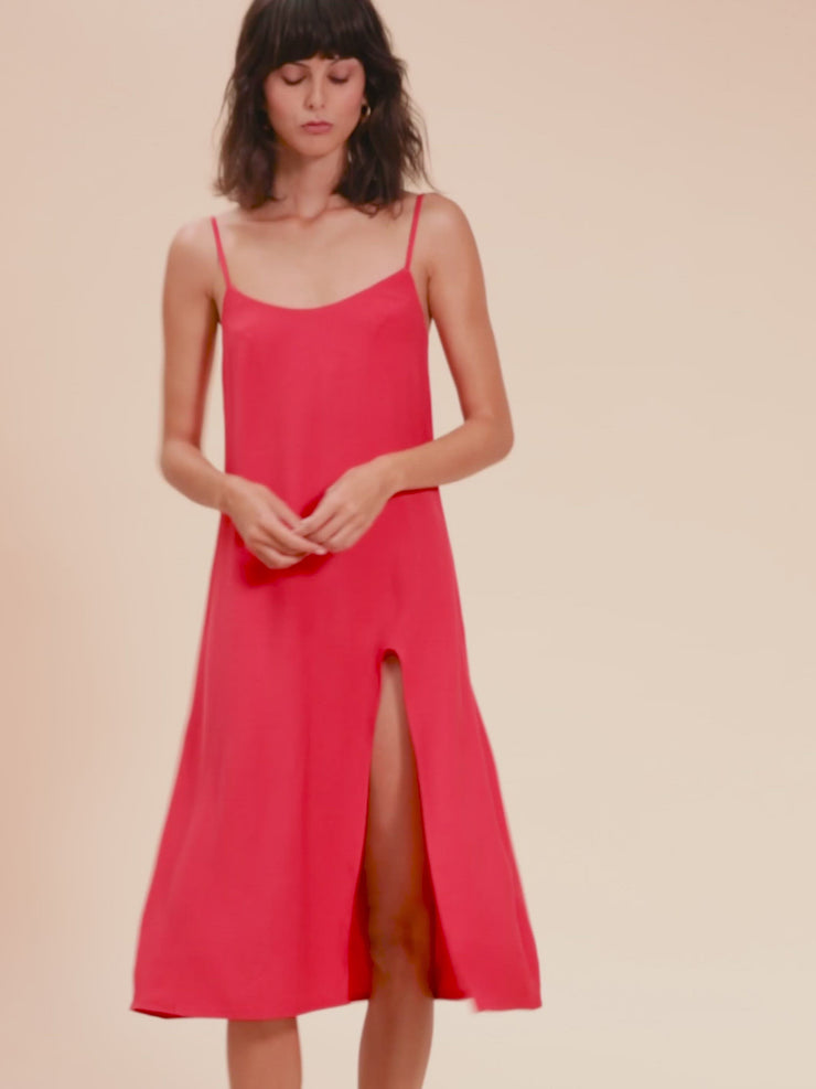 She Is Rebel - Billie Midi V Neck Red Front Slit Slip Dress - Shop Stylish Sustainable Women's Dresses