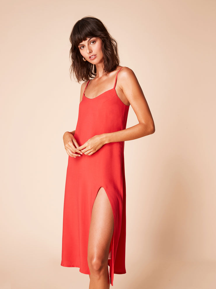 She Is Rebel - Billie Midi V Neck Red Front Slit Slip Dress - Shop Stylish Sustainable Women's Dresses