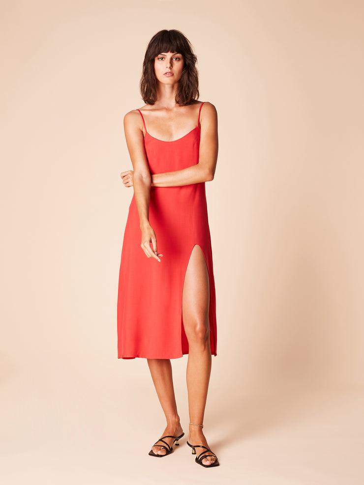 Shop Billie Midi V Neck Red Front Slit Slip Dress SHE IS REBEL GmbH Shop Billie Midi V Neck Red Front Slit Slip Dress SHE IS REBEL GmbH