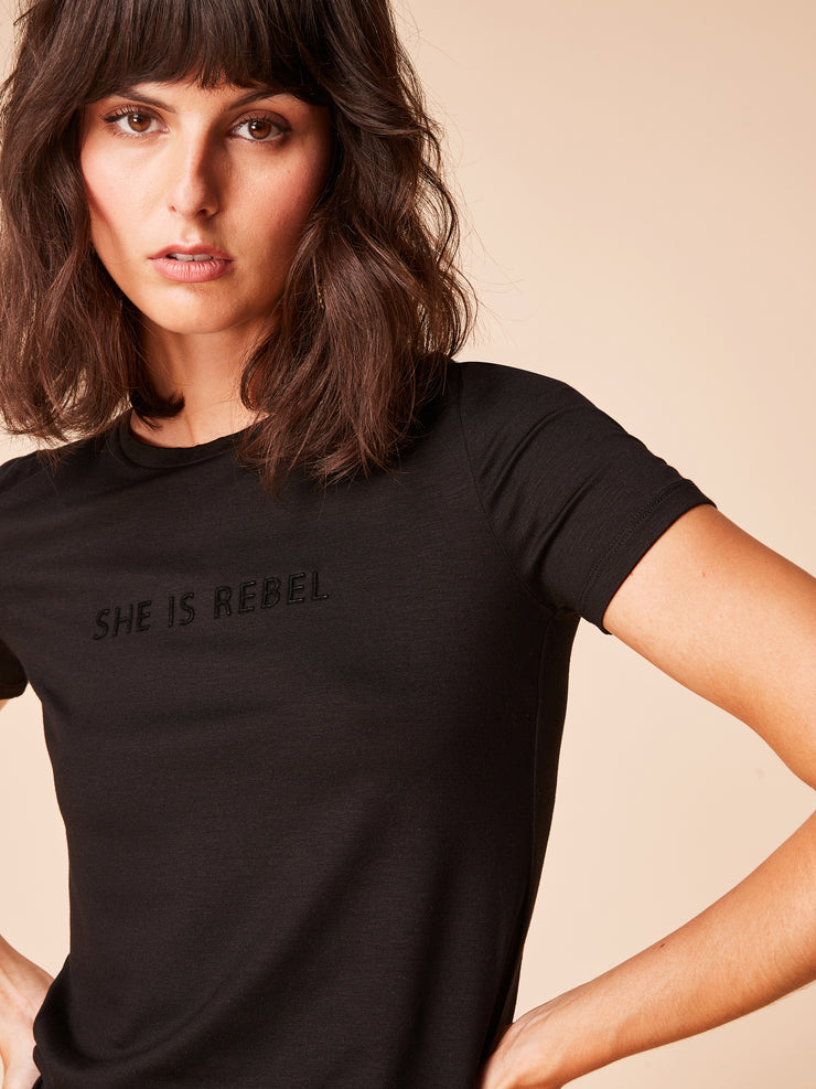 She Is Rebel - She Is Rebel Slim Fit Black Tencel Logo T-shirt & Frida Blue Snake Print Wide Leg Pants - Shop Stylish Sustainable Women's Tops