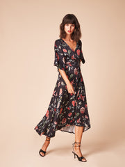 She Is Rebel - Seraphine Midi Black Floral Kimono Sleeve Wrap Dress - Shop Stylish Sustainable Women's Dresses