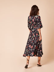 She Is Rebel - Seraphine Midi Black Floral Kimono Sleeve Wrap Dress - Shop Stylish Sustainable Women's Dresses