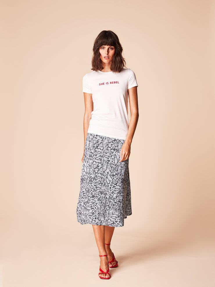 She Is Rebel - She Is Rebel Slim Fit Ecru Tencel Logo T-shirt & Virginia Midi Blue Snake Print Skirt - Shop Stylish Sustainable Women's Tops